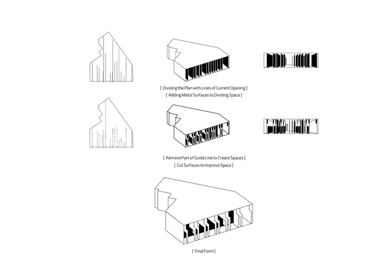 Axonometric diagram sequence showing the transformation from massing to interior spatial divisions and final form