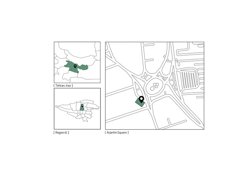Site plan drawing showing the location within a street intersection and regional context maps