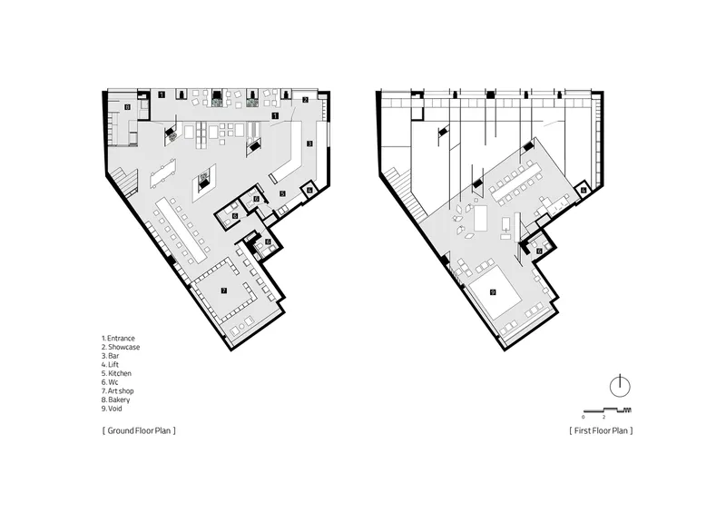 Ground floor and first floor plan drawings showing the angled footprint with entrance, showcase, and living spaces
