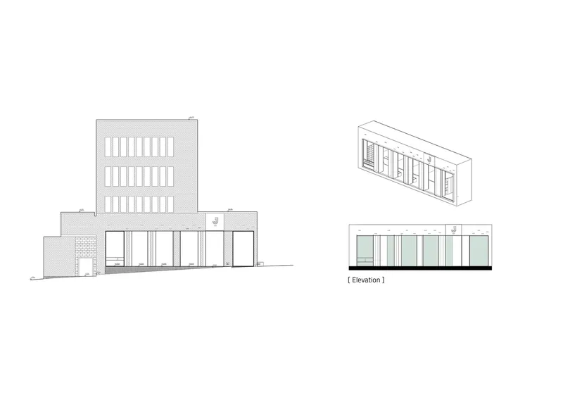 Elevation drawing showing a three-story volume with vertical louvers above a transparent ground floor colonnade