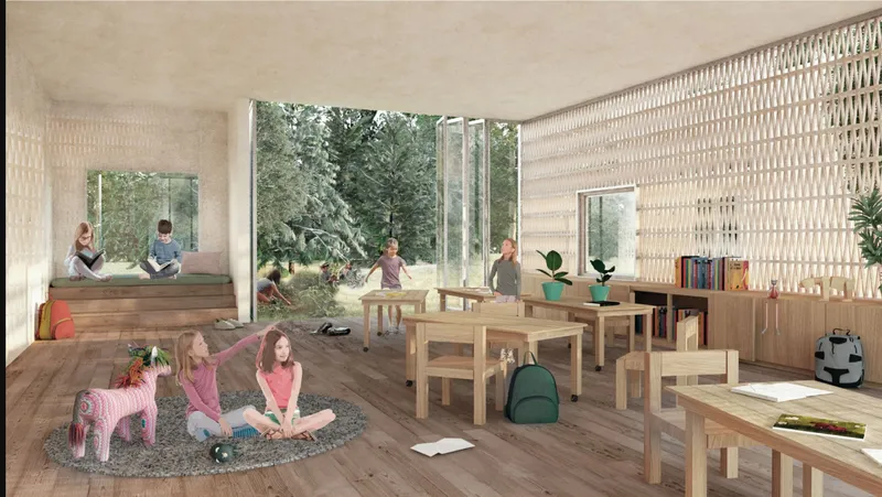 Interior classroom with tiered timber seating, lightweight partition screens and floor-to-ceiling glazing overlooking trees