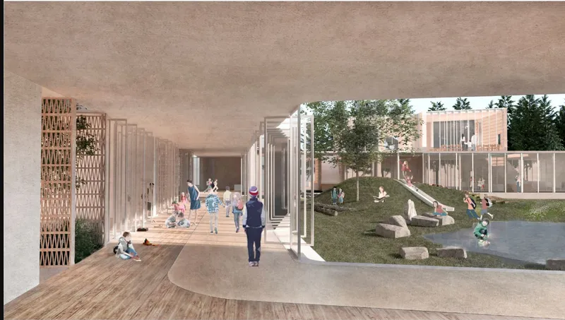 Covered walkway with concrete ceiling and timber screens opening onto a planted courtyard with children
