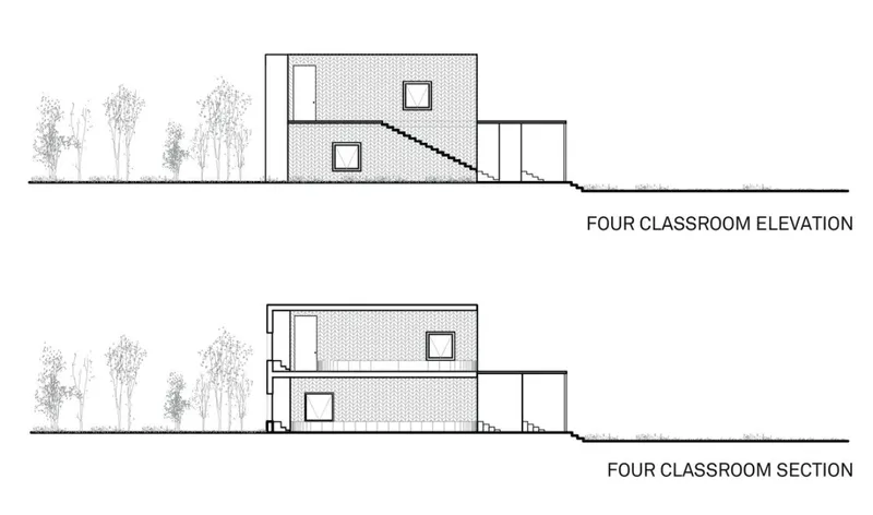 Elevation and section drawings showing the stepped classroom block with textured wall panels and trees