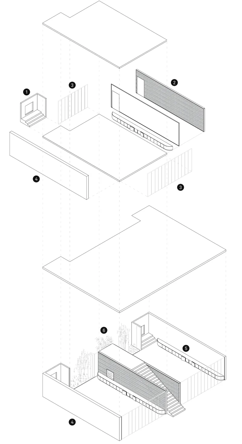 Exploded axonometric drawing showing the layered assembly of floor slabs, wall panels and roof components