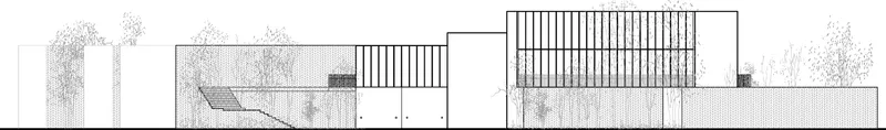 Elevation drawing showing the horizontal classroom volumes with timber screening and adjacent landscape