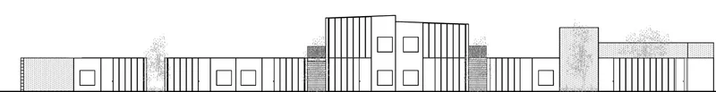 Elevation drawing showing a horizontal facade with vertical slatted sections and square window openings