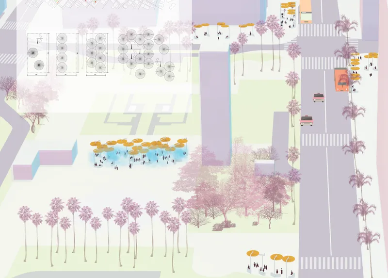 Aerial site plan rendering showing palm-lined streets, orange canopy structures and purple-toned landscape