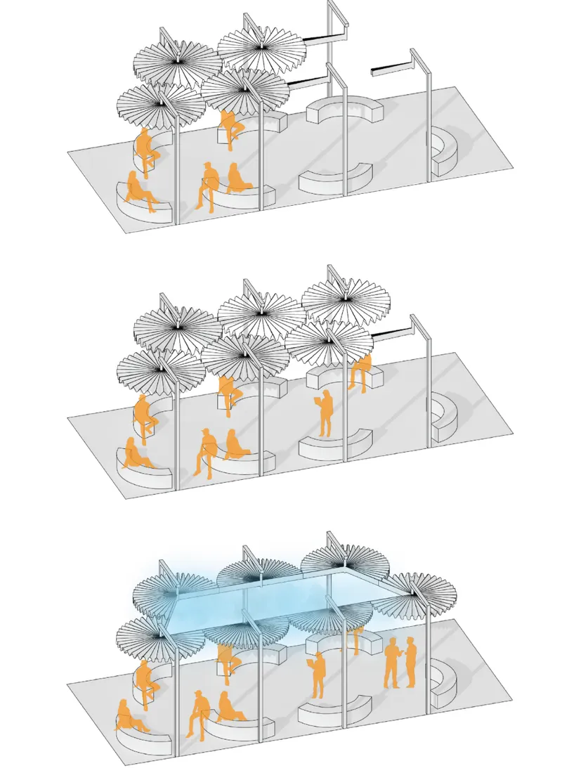Axonometric sequence drawing illustrating canopy configurations with radial fabric shades over curved seating and glazed screens
