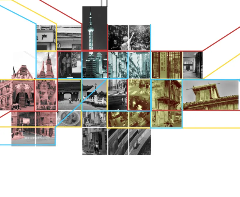 Diagram mapping historical photographs of urban landmarks connected by colored lines on a white field