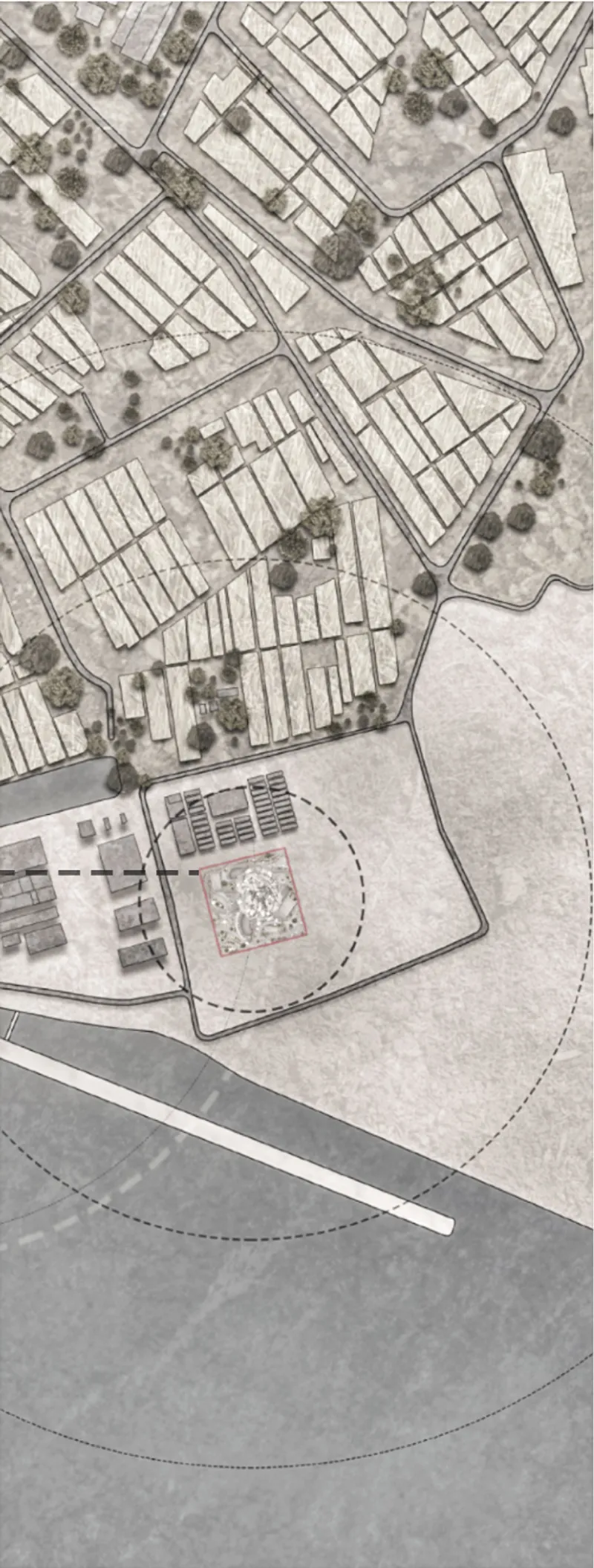 Site plan drawing showing an orthogonal street grid meeting a curved waterfront with landscaped areas