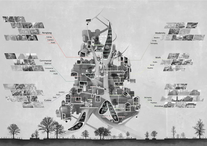 Sectional drawing of a vertical settlement with labeled programmatic zones and photographic vignettes set among trees