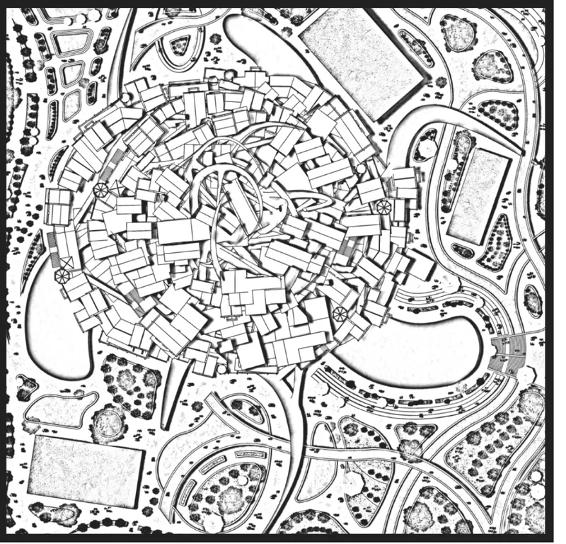 Site plan drawing showing spiral residential cluster surrounded by parkland and water bodies with trees