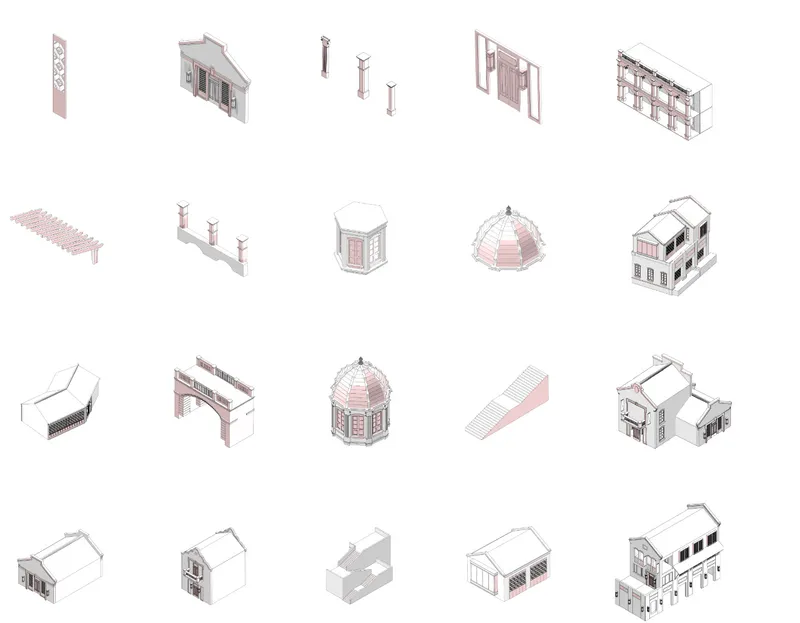 Isometric drawings showing twenty variations of facade elements, columns, domes, and massing configurations