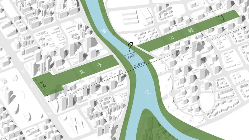 Site plan rendering showing green riverfront zones and pedestrian connections through the urban fabric