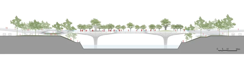 Section drawing of a pedestrian bridge with three arched spans and tree-lined deck above street level