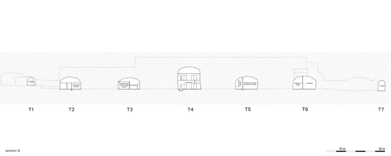 Section drawing depicting seven vaulted structures of varying sizes along a hillside terrain