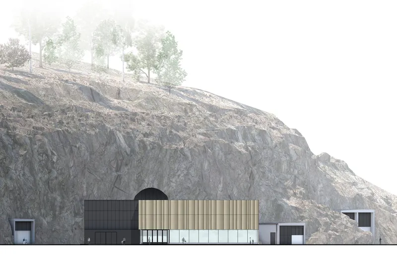 Elevation rendering of vertical timber-clad volumes and a black arched entrance against a rocky cliff with trees