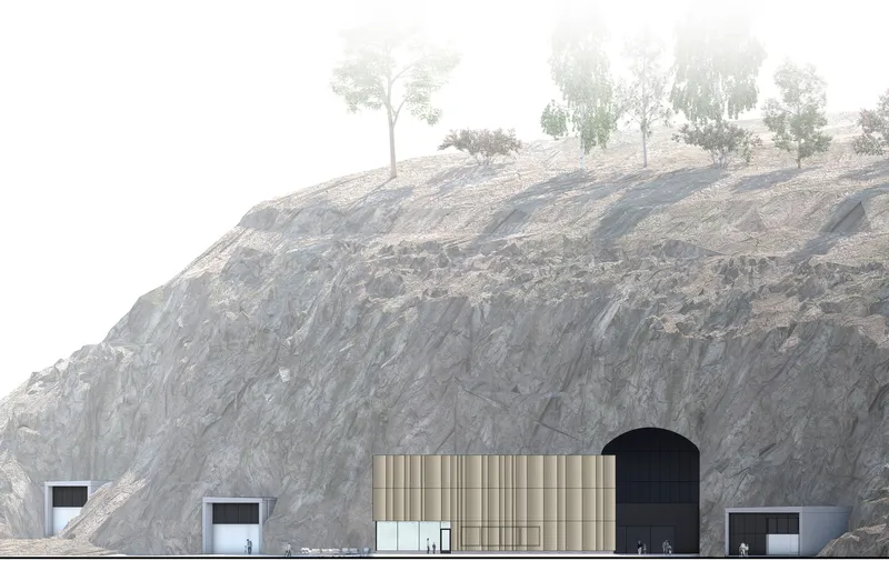 Elevation rendering showing the timber facade and black arched portal embedded in the striated rock face