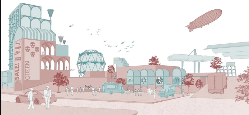 Perspective rendering of a mixed-use plaza with geodesic dome, arched pavilions, and dirigible overhead