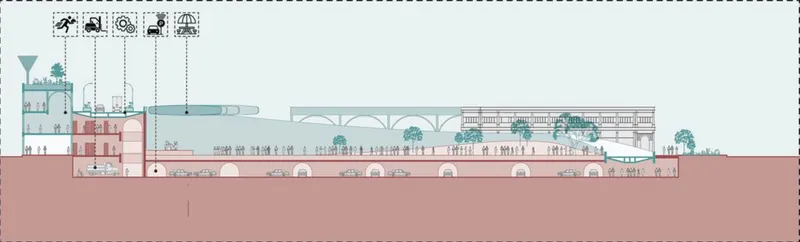 Section drawing revealing arched subterranean spaces, street level plaza, and elevated colonnade with trees