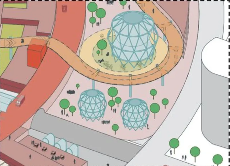 Aerial plan view showing four geodesic dome structures arranged within a public plaza with trees