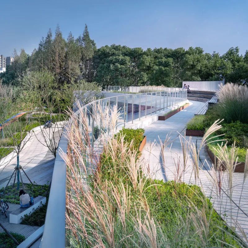 Elevated walkway with white steel railings threading through planted beds of ornamental grasses under afternoon sun