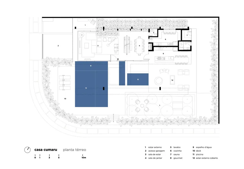 Ground floor plan drawing showing the swimming pool volumes and room layout with landscaping