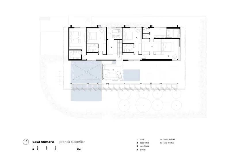 Floor plan drawing showing the upper level with bedrooms, central stair and rooftop terrace
