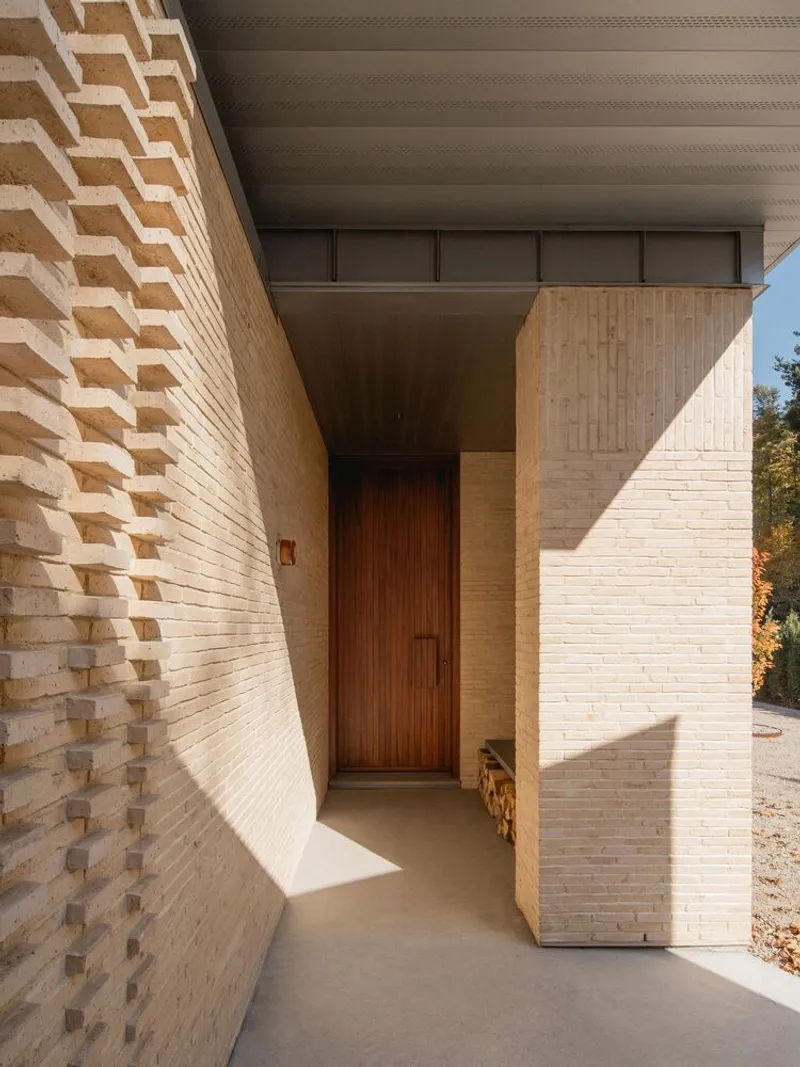 Recessed entry with timber door framed by projecting brick wall with sculptural relief pattern