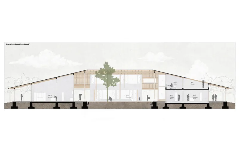 Section drawing showing the sloped roof structure spanning over interior spaces with figures and a tree