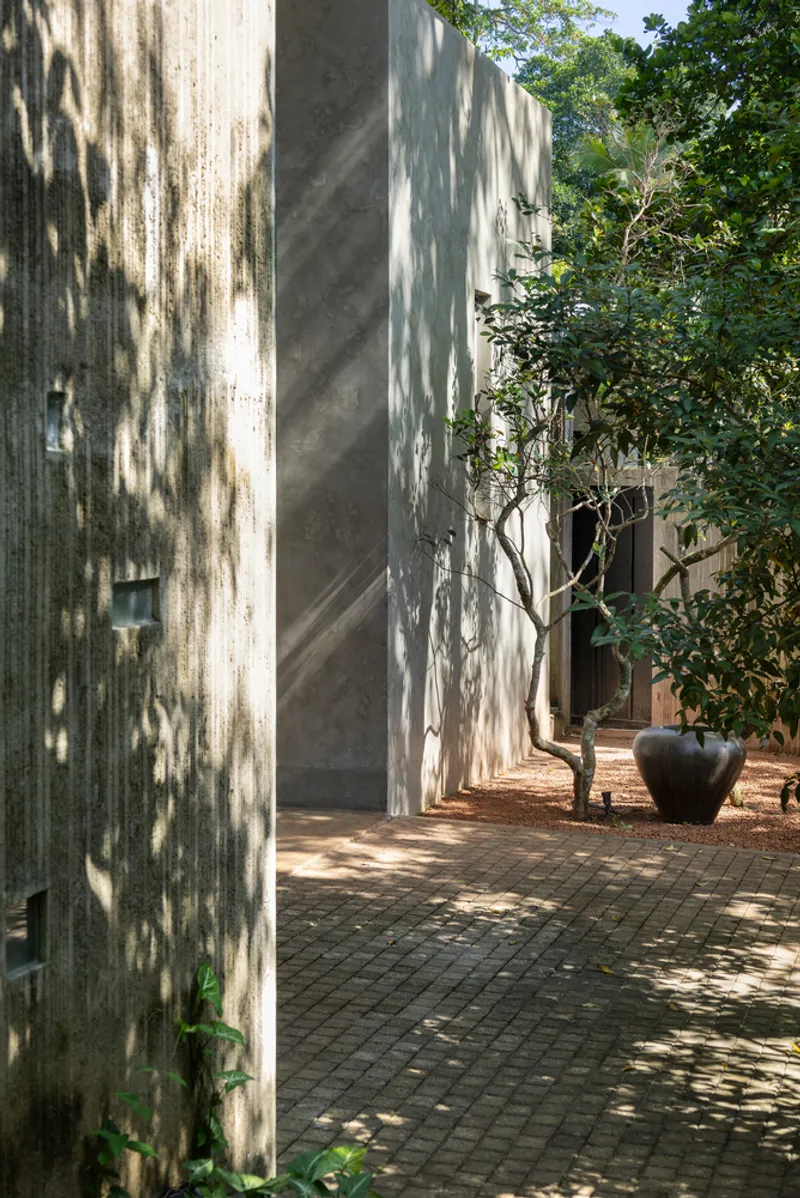 Weathered concrete exterior walls with tree shadows dappling the surface and paved ground below