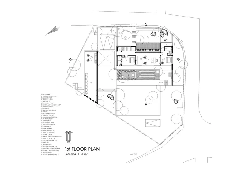First floor plan drawing showing bedroom wing and open terrace within the pentagonal site boundary