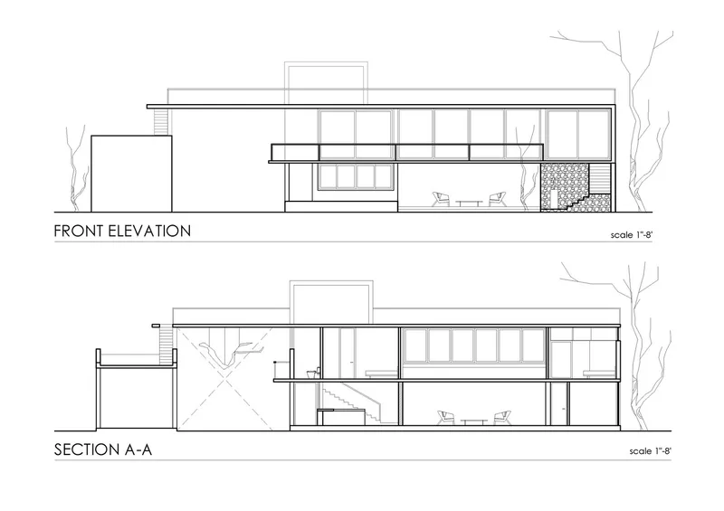 Front elevation and section drawing showing two-story volume with flat roof and full-height glazing