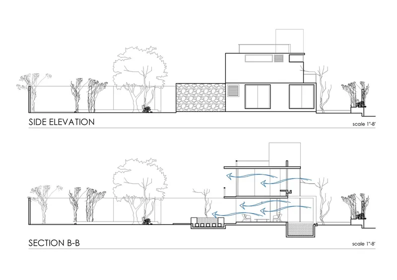 Side elevation and section drawing with ventilation diagrams indicating natural airflow through the volumes