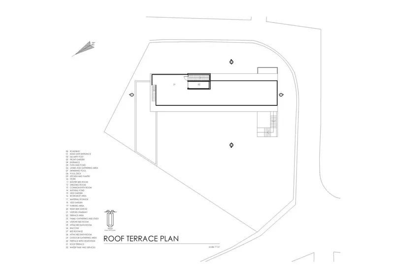 Roof terrace plan drawing showing linear pavilion volume and stair access on the upper level
