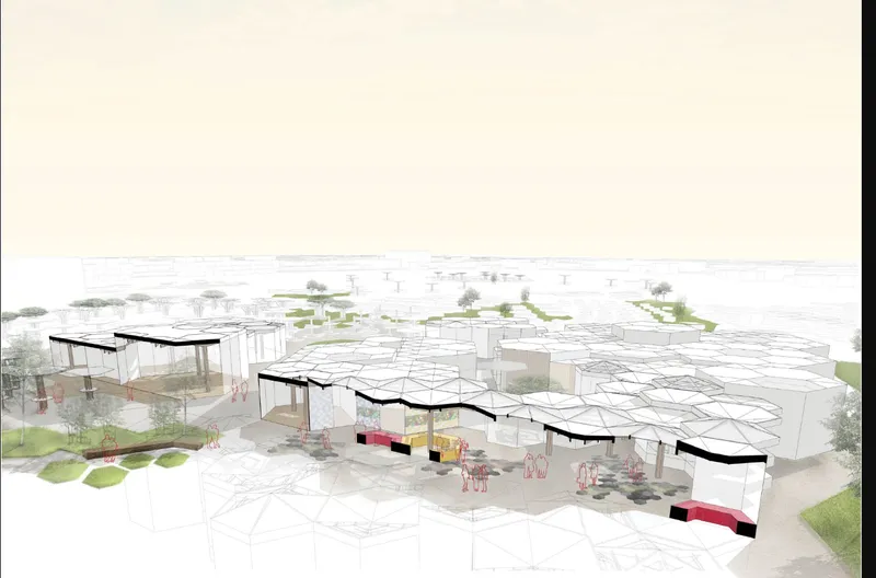 Aerial perspective drawing of a low-rise market structure with undulating roof canopy in a planted landscape