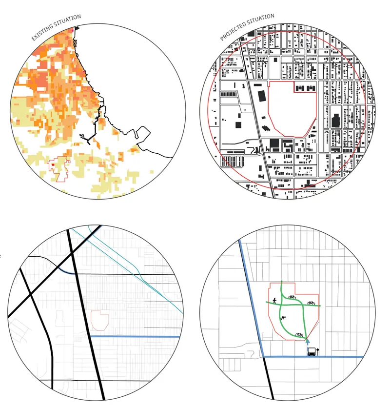 Diagram showing four circular views comparing existing density conditions with projected urban grid and site interventions