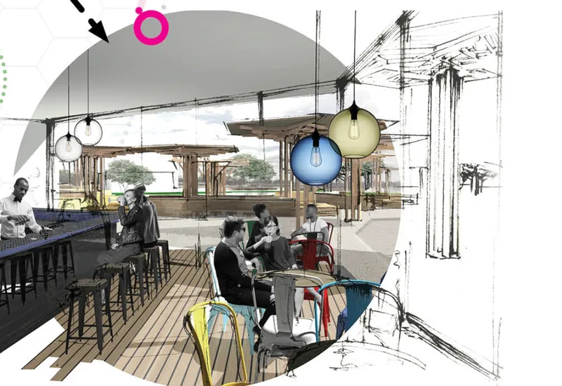 Rendered interior view of a cafe with spherical pendant lights, bar seating, and timber roof structure