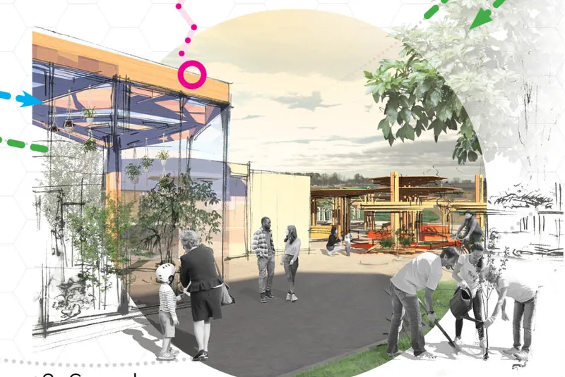 Perspective rendering of a planted plaza with people gardening near young trees and a steel-framed structure in the background