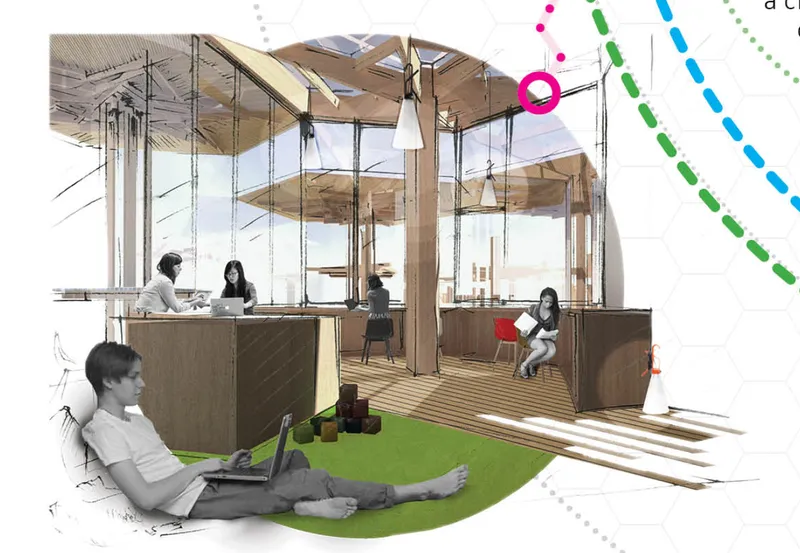 Interior perspective showing timber workstations, glass partitions, and a person on a green circular rug