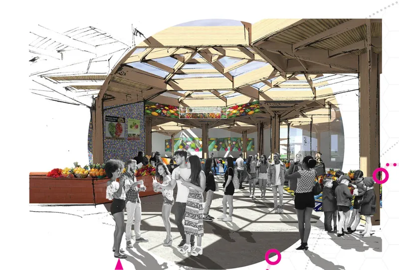 Rendered perspective showing an open-air market hall with timber truss canopy and people gathering beneath