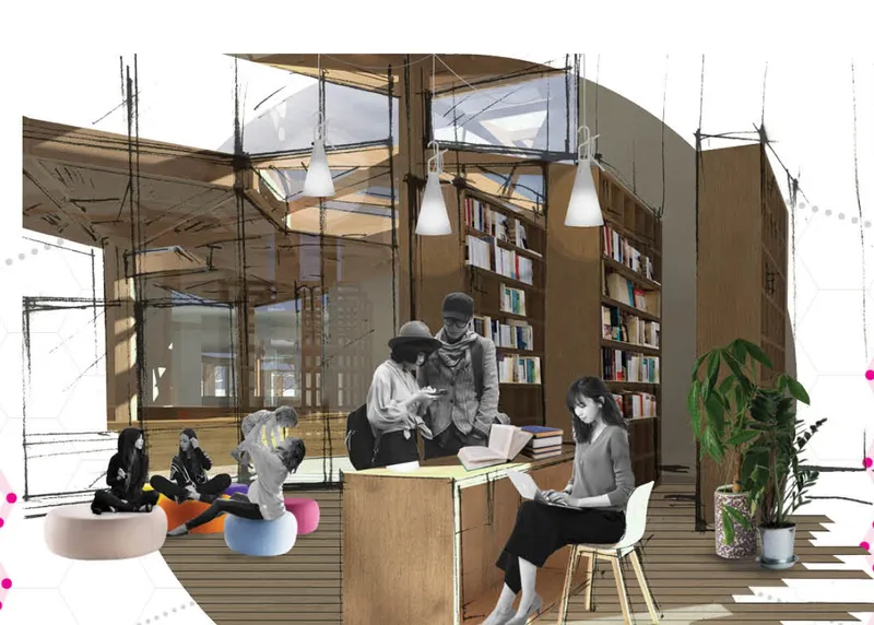 Interior rendering of a library space with timber bookshelves, pendant lights, and readers at tables