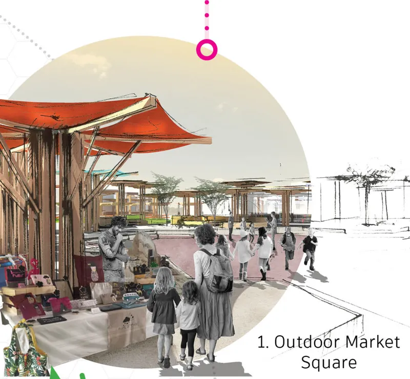 Architectural rendering of a market square with red fabric canopies supported by timber columns and visitors browsing vendor stalls