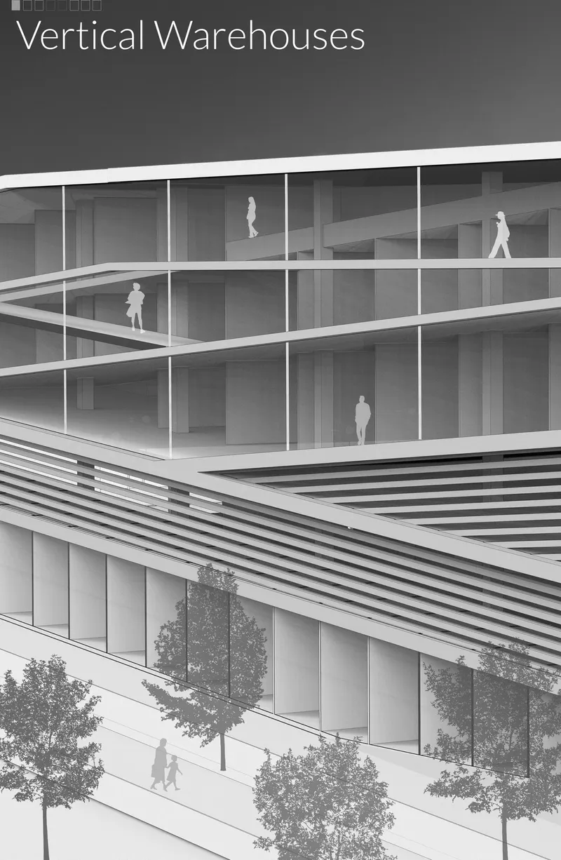 Section rendering showing stacked floors with horizontal louvers, figures walking within, and trees below