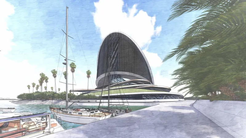 Marina view: the sail-shaped tower rises behind a yacht harbour, its dark glazed facade curving upward from a low sweeping base, with palms and moored sailboats in the foreground