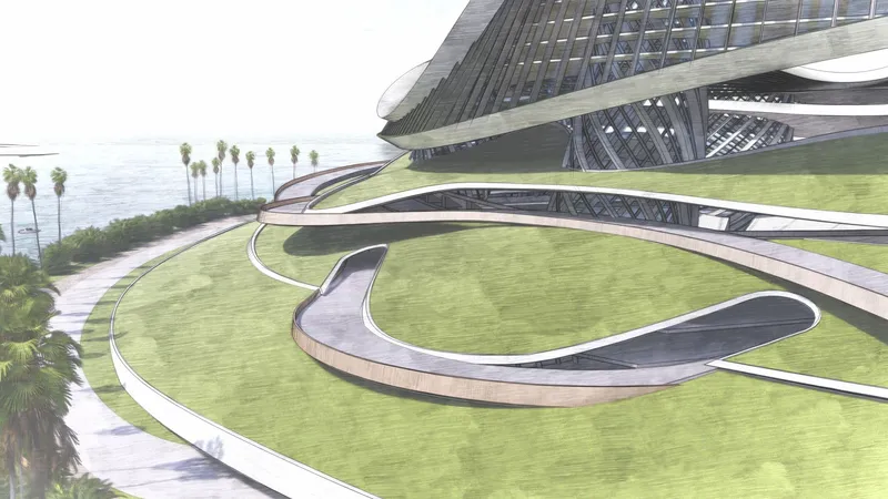 Ground-level landscape: swooping green lawns and paved ramps curve around the base of the tower, with palm-lined paths leading toward the ocean edge