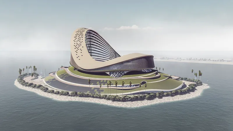 Aerial from the sea: the full artificial island with the sail tower at one end and the open-roof stadium bowl at the other, connected by spiralling landscape terraces, the LA skyline visible on the horizon