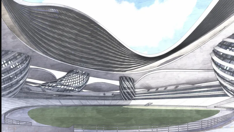 Interior of the arena: an open-roof stadium with an undulating structural canopy, tiered seating surrounding a football pitch, and the tower rising behind the open end