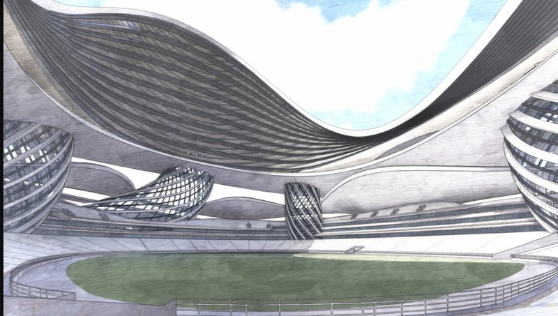 Interior of the arena: an open-roof stadium with an undulating structural canopy, tiered seating surrounding a football pitch, and the tower rising behind the open end