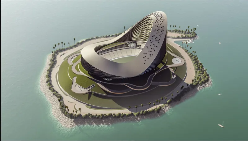 Aerial three-quarter from the opposite side: the full island massing with the stadium, sail tower, and spiralling base visible together against the turquoise water